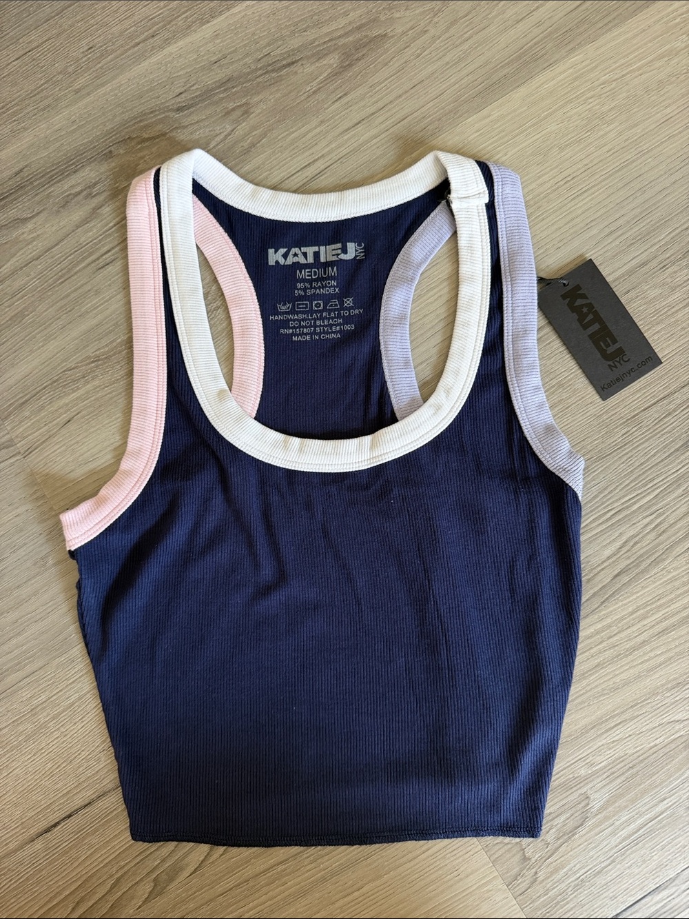 Katie J NYC Navy Ribbed Racerback Livi Tank with Pink & Lavender Trim